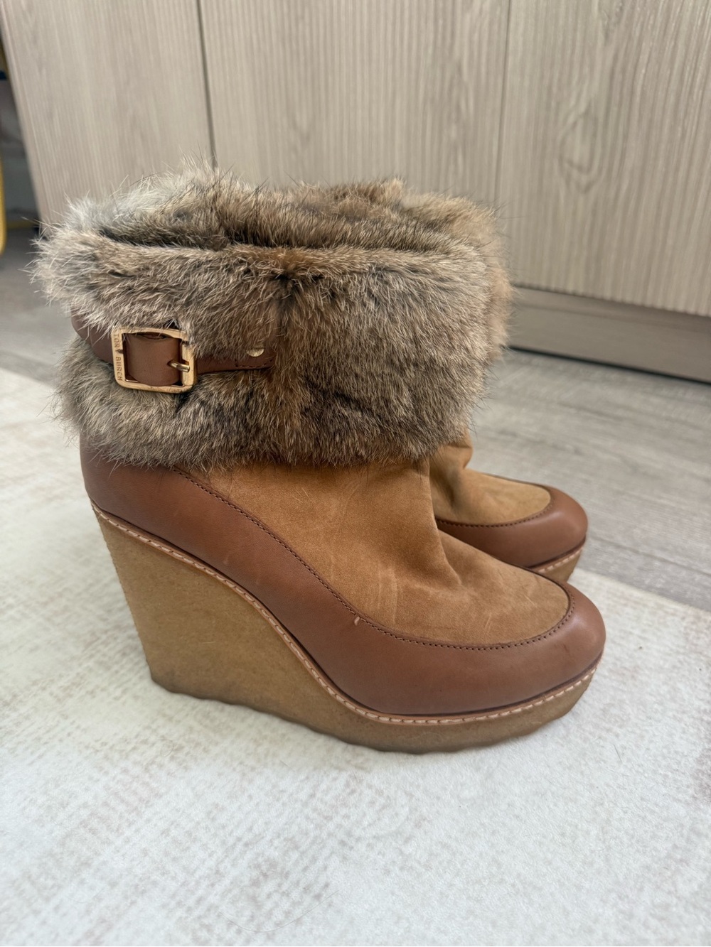 Tory Burch Tan and Brown Faux Fur Wedge Ankle Boots